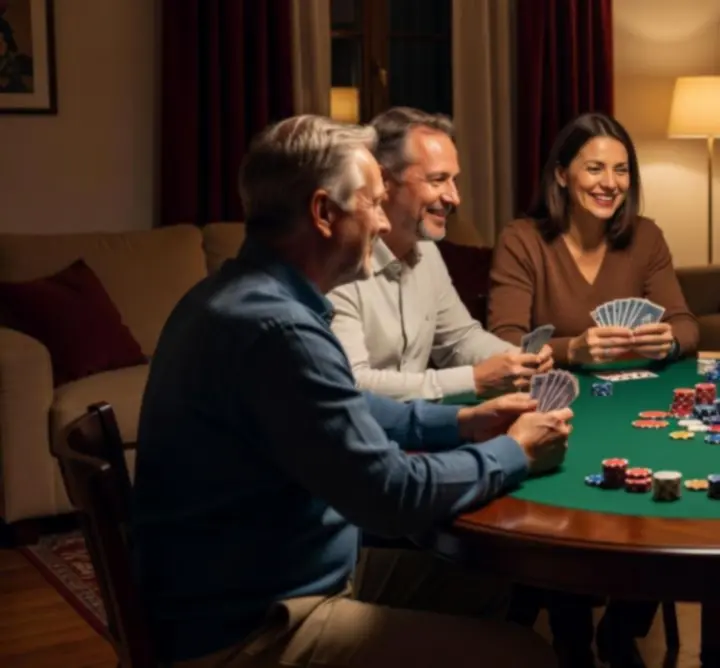 Uczestnicy spotkania towarzyskiego grający w pokera w swobodnej, rozrywkowej atmosferze